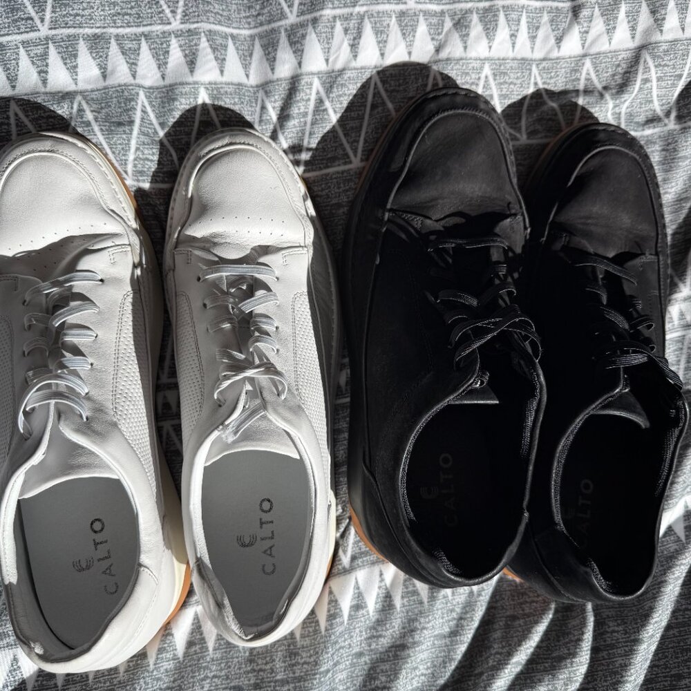 CALTO Sneakers – M11.5 (Fit 12) – White Leather + Black Suede Add 2in Height - Picture 8 of 9